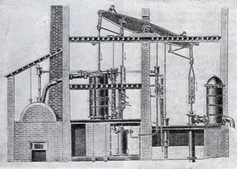 Паровая машина Уатта начала XIX века, соединенная с гидравлическим насосом (справа)
