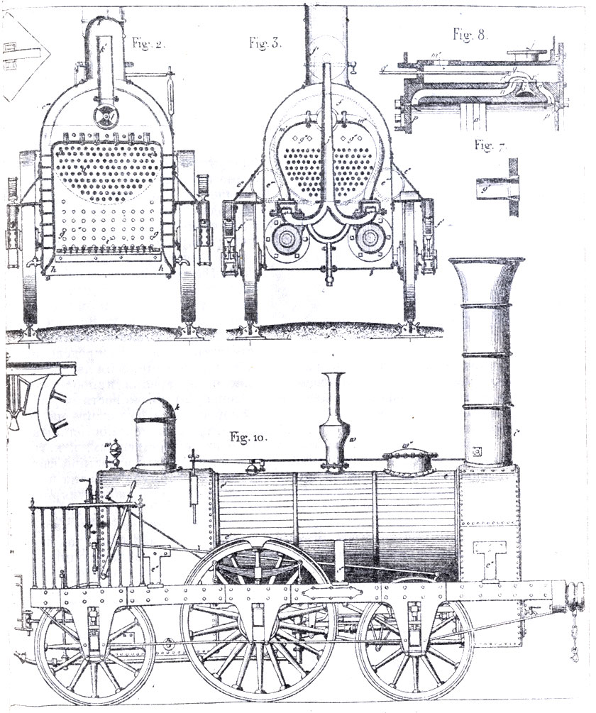 Один из первых паровозов. (М. Pouillet, Elements de physique, 1853.)