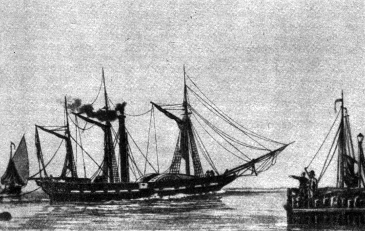 Рис. 5-1. Колесное морское судно первой половины XIX в. Кроме паровой установки, судно имело парусное вооружение, так как не могло запастись топливом в количестве, достаточном для перехода через океан.