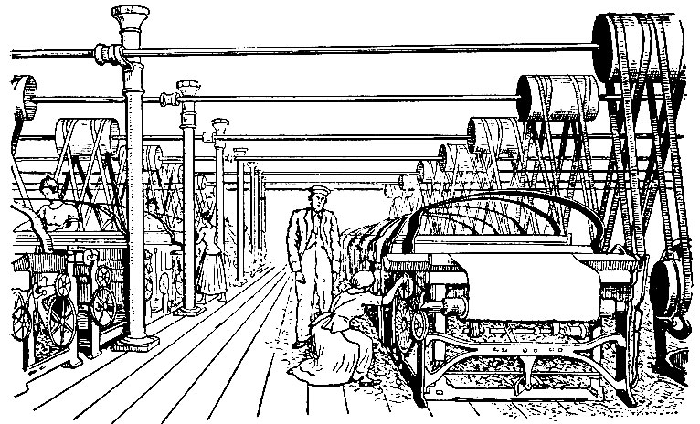 Рис. 5-45. Цех ткацких станков середины XIX в. Чугунные колонны поддерживают балки потолочного перекрытия и несут на себе трансмиссионные валы