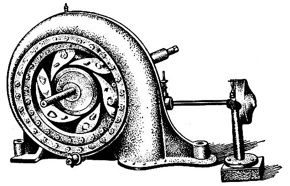 Рис. 6-21. Первая гидравлическая турбина со спиральной камерой, подводящей воду к направляющему аппарату (1886 г.)